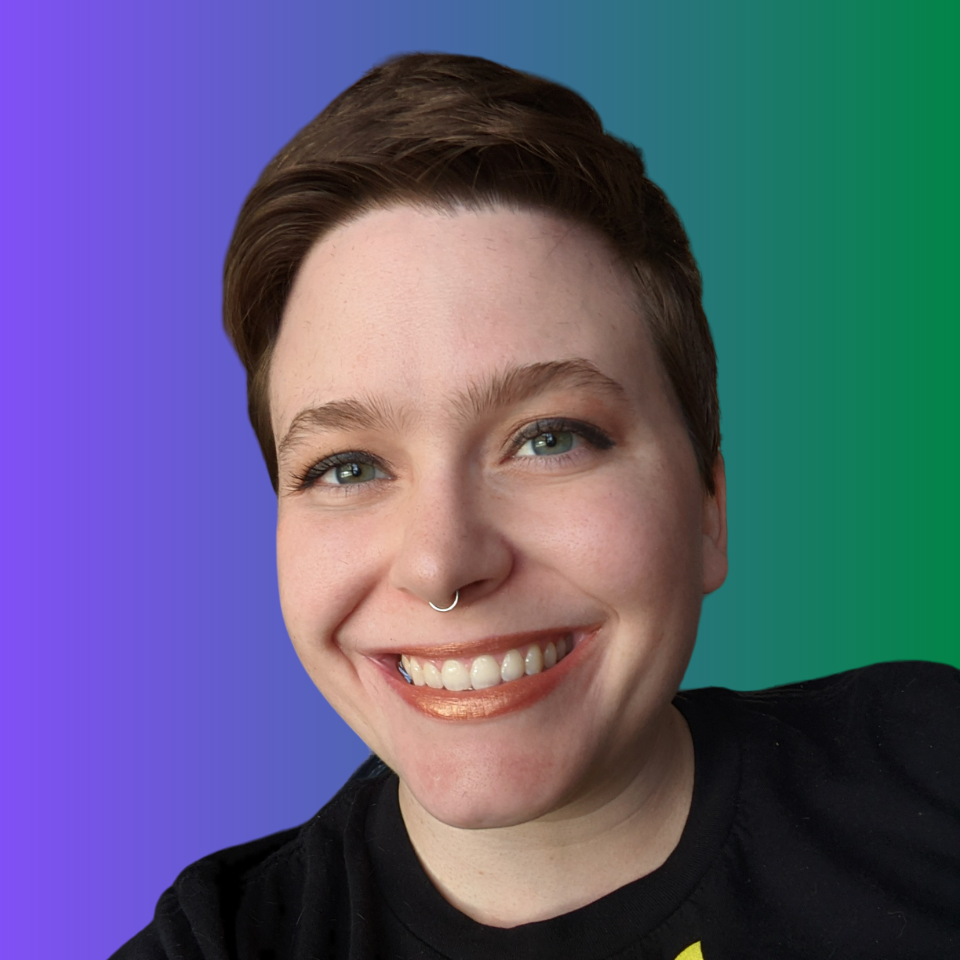 Close shot of Rebecca smiling, with a horizontal gradient background going from violet to green