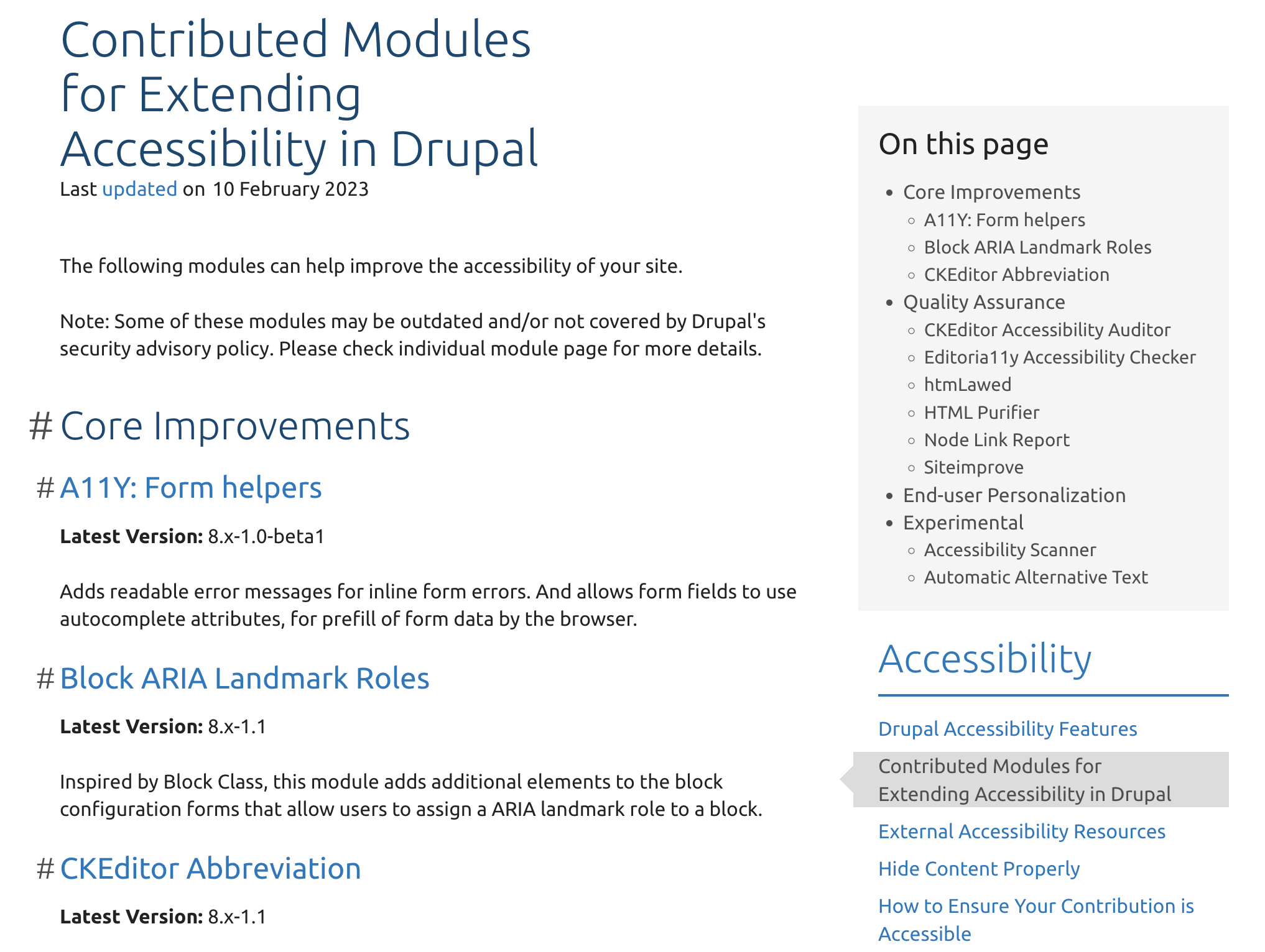 Screenshot of Drupal webpage with title 'Contributed Modules for Extending Accessibility in Drupal'