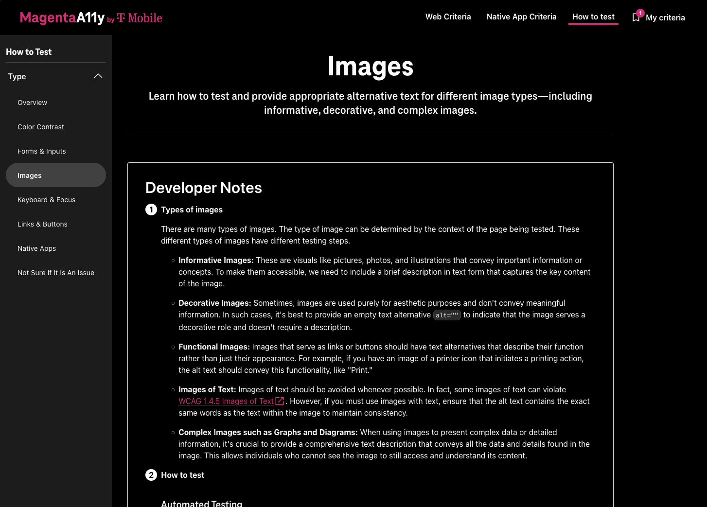 magenta a11y website - how to test images page screenshot