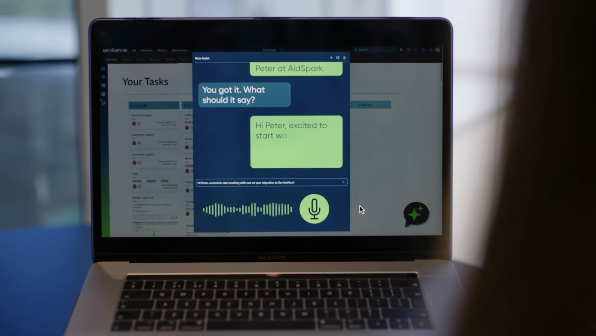 laptop runnning ServiceNow with Voice Input dialog in action