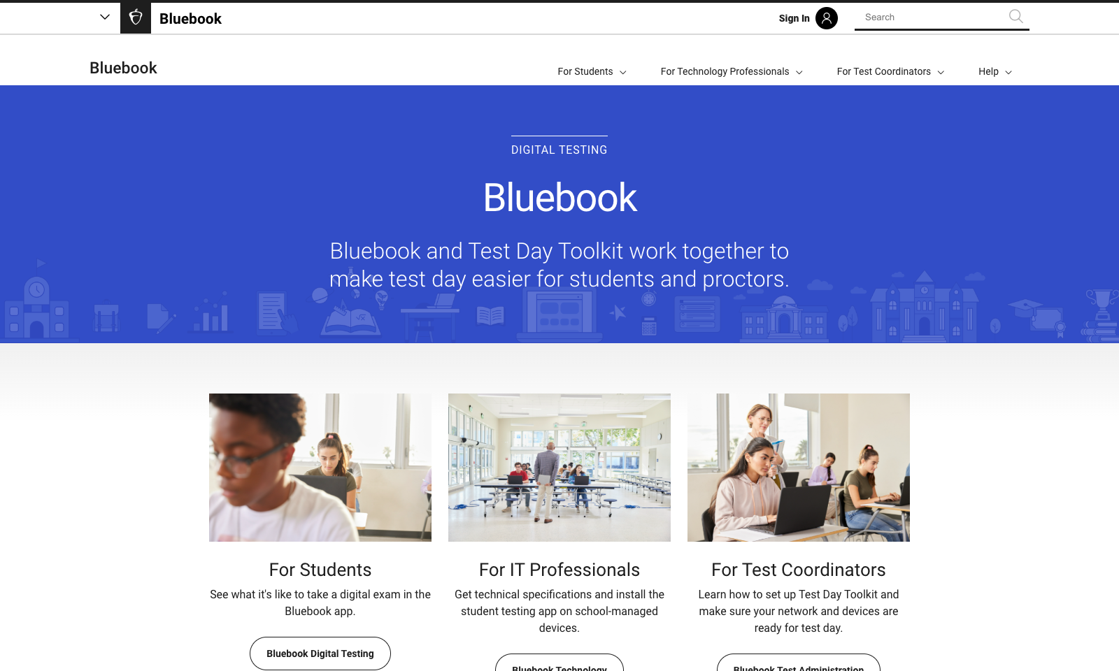 College Board Bluebook website homepage with the tagline 'Bluebook and Test Day Toolkit work together to make test day easier for students and proctors'