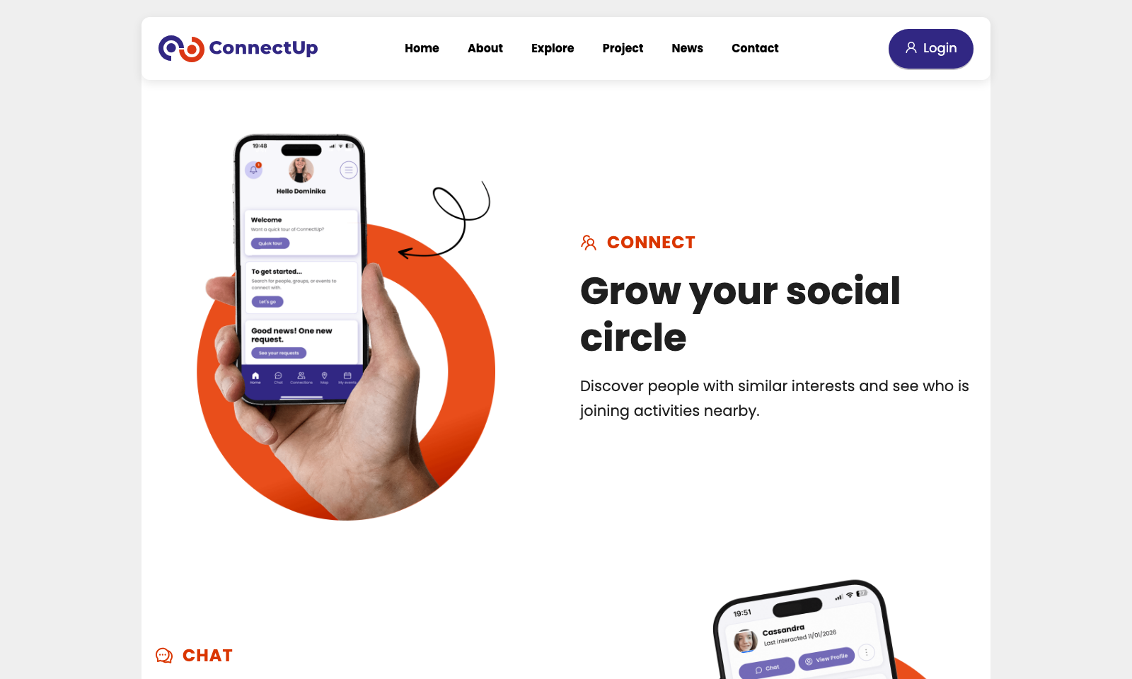 ConnectUp website showing the app on a phone next to the heading 'Grow your social circle'