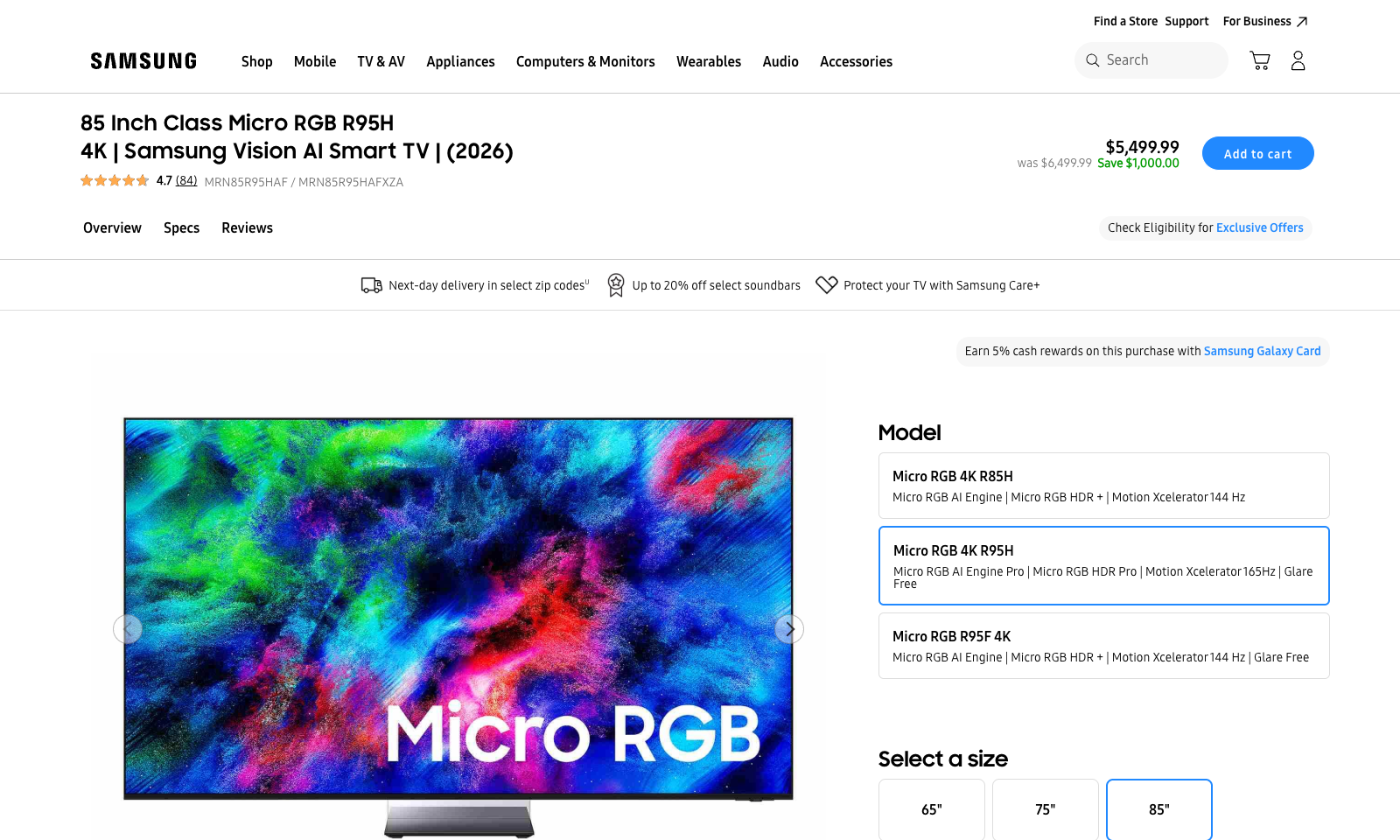 Samsung website product page for the 85 inch Micro RGB R95H 4K Samsung Vision AI Smart TV