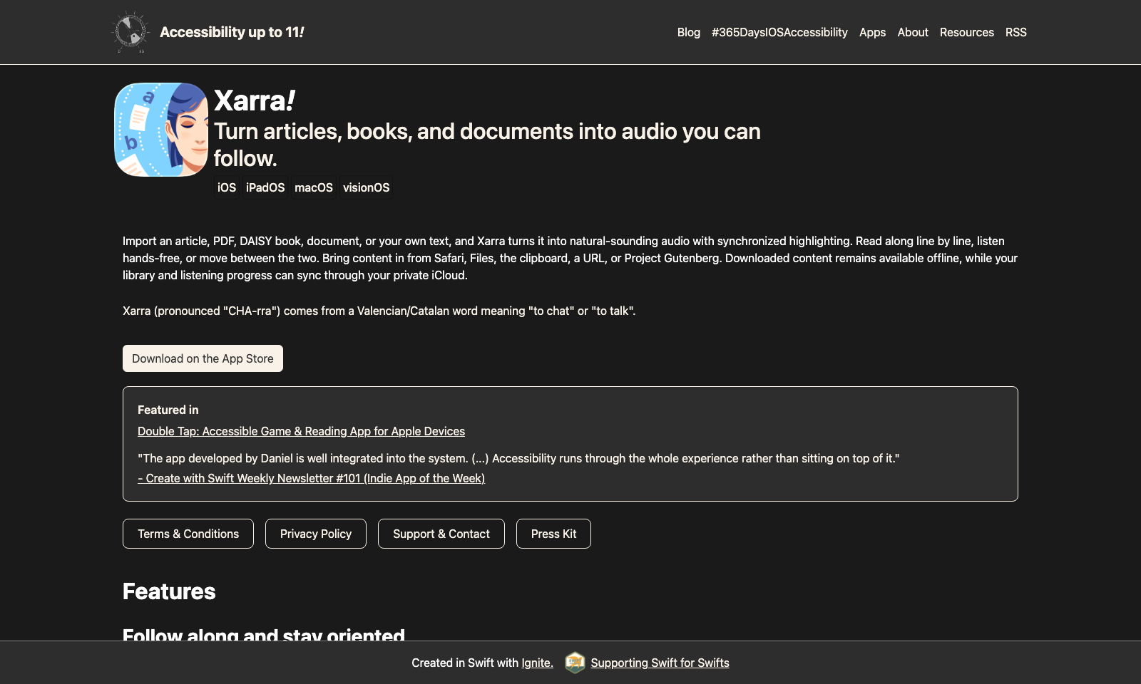Xarra app page on the Accessibility Up to 11! website, showing the app icon and the tagline 'Turn articles, books, and documents into audio you can follow'
