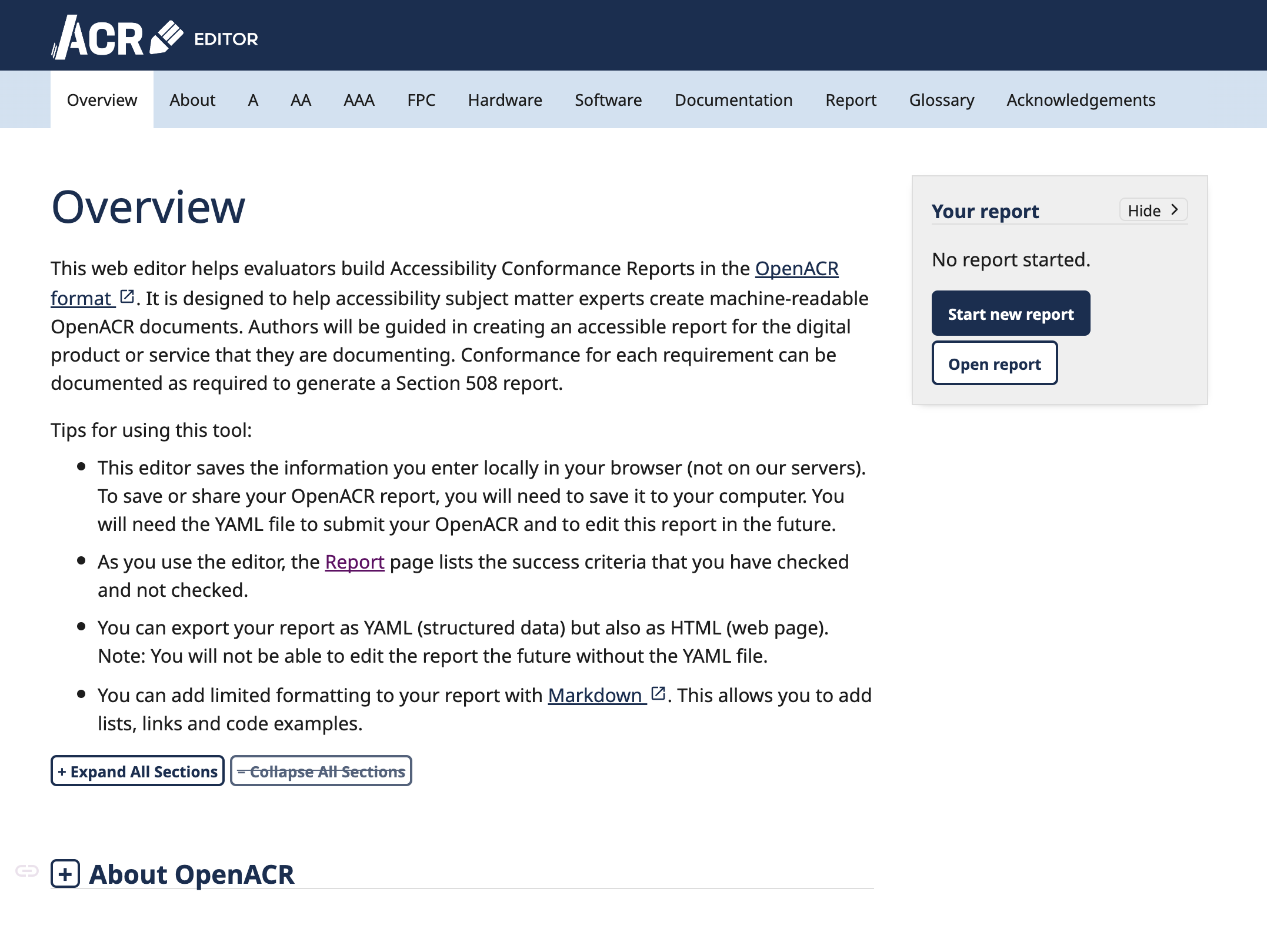 First page of the OpenACR Editor tool on Section508.gov