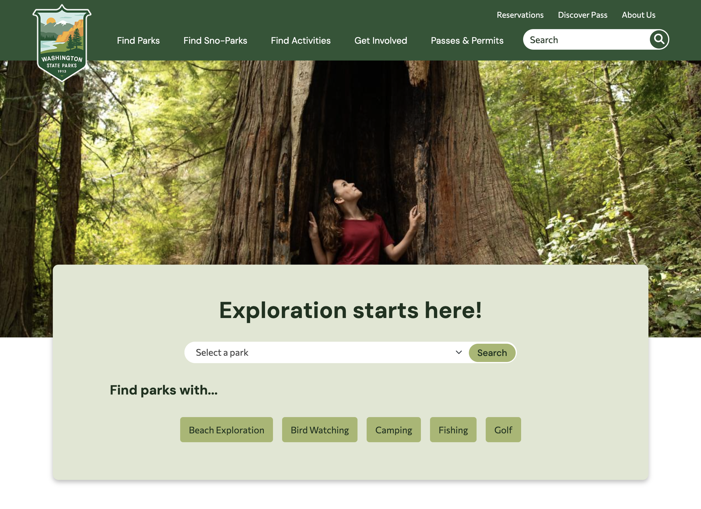 Homepage of the Washington State Parks website