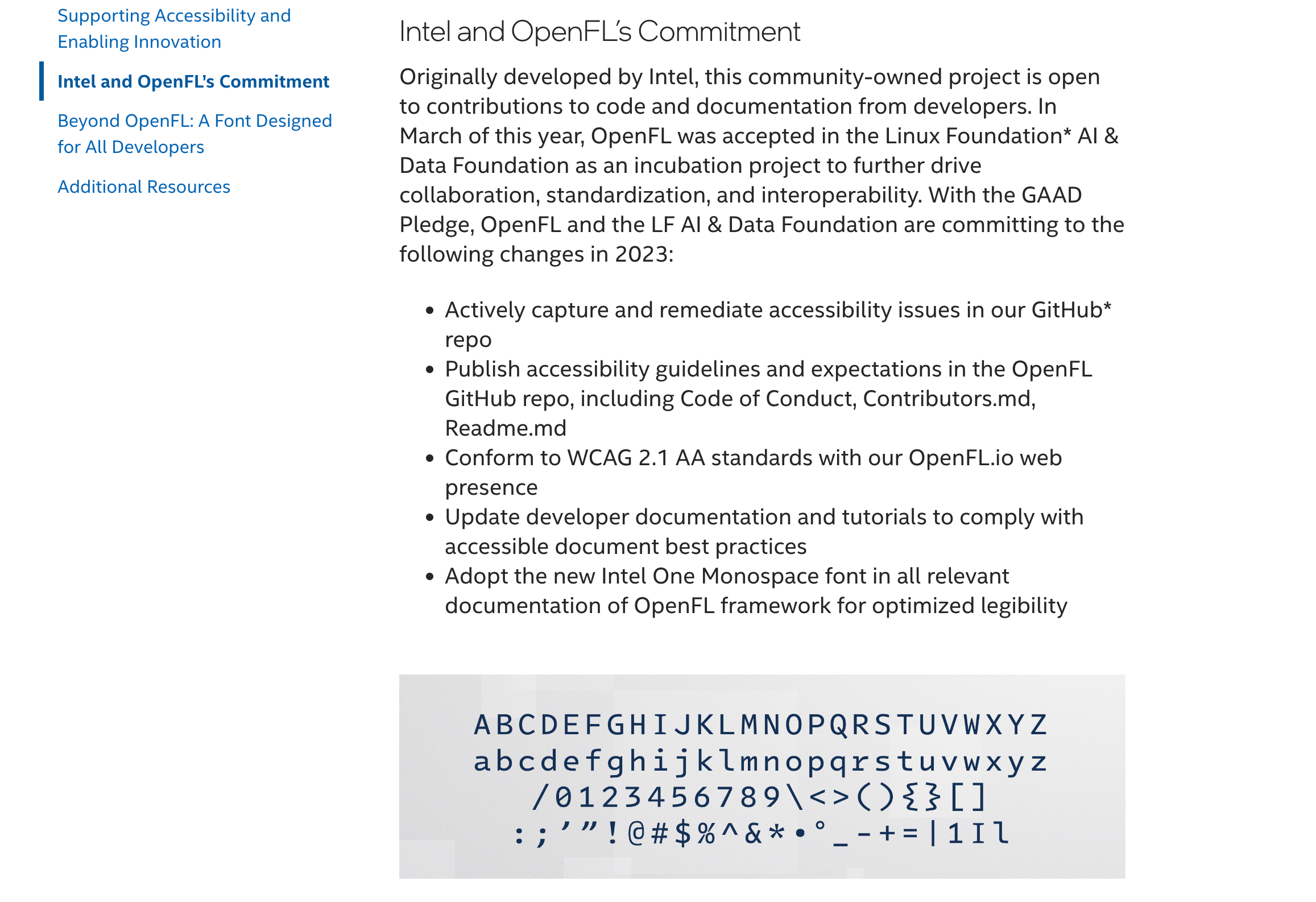 Screenshot of Intel blog post about taking the GAAD Pledge with an image of their newly designed monospace font