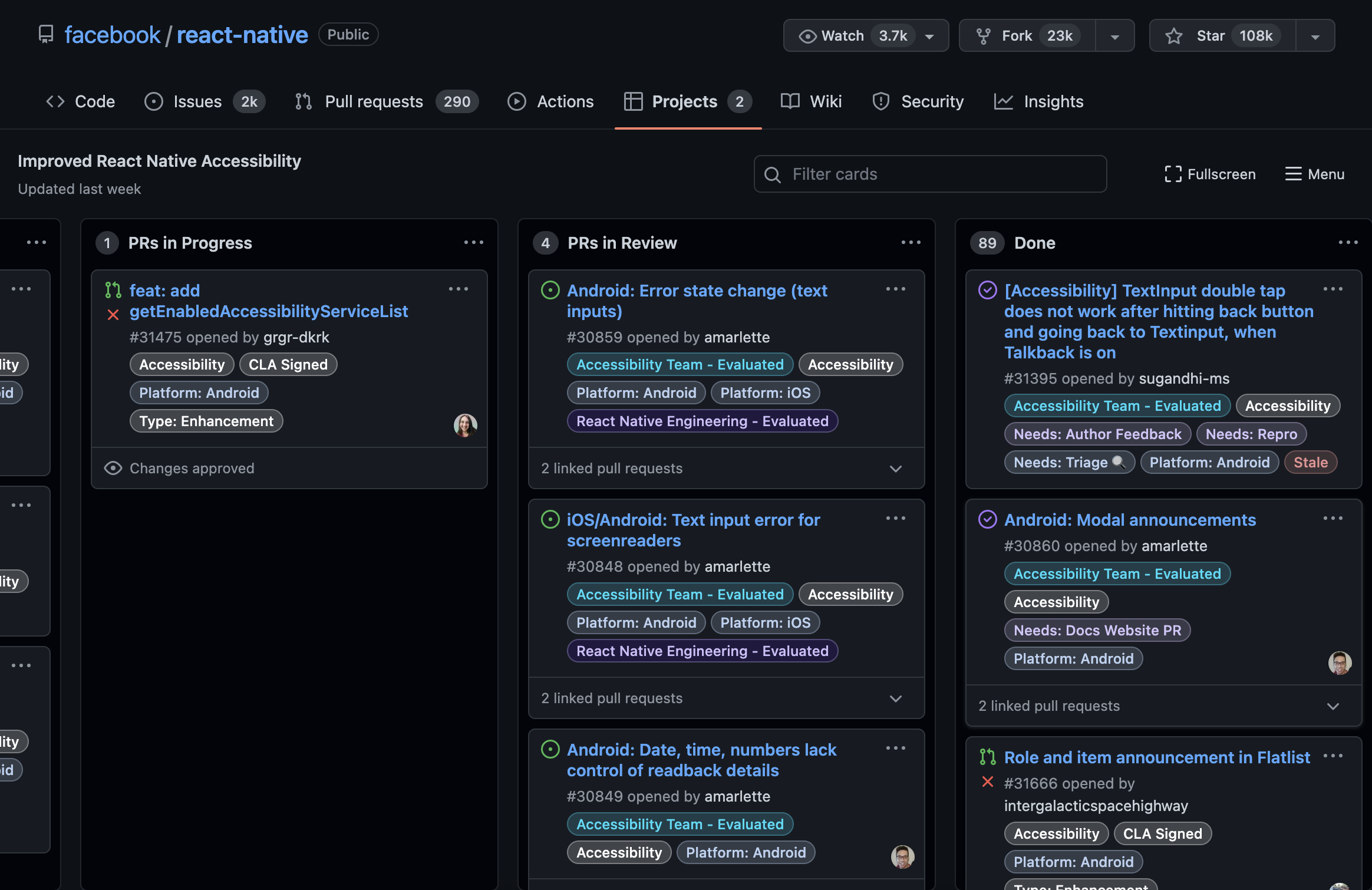 Screenshot of React Native github page for the 'Improved React Native Accessibility' project board, showing tasks in PRs in Progress, PRs in Review, and Done columns