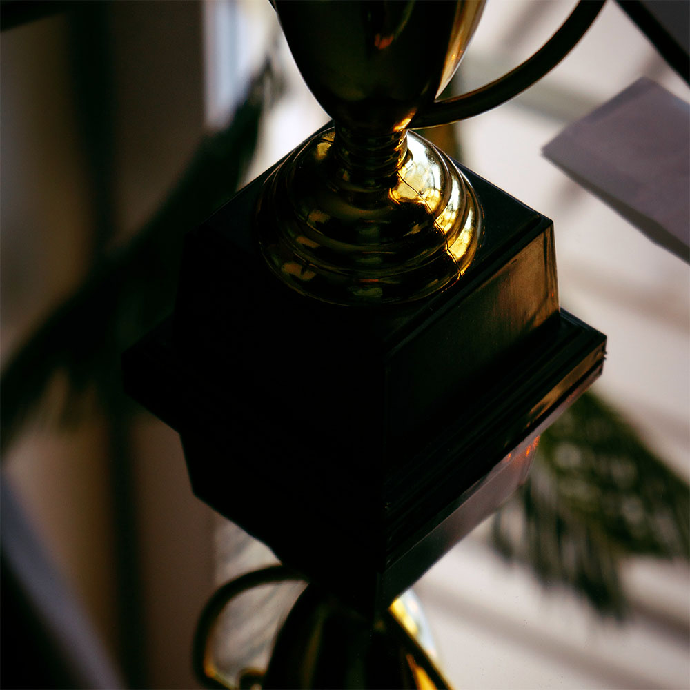 Artsy photo of a gold trophy on a wooden base